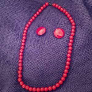 Ladies bright red beaded necklace and earring set